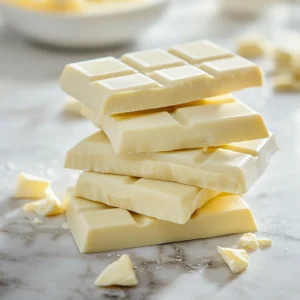 Close-up of premium white chocolate bars on a marble countertop with a creamy texture and subtle vanilla specks