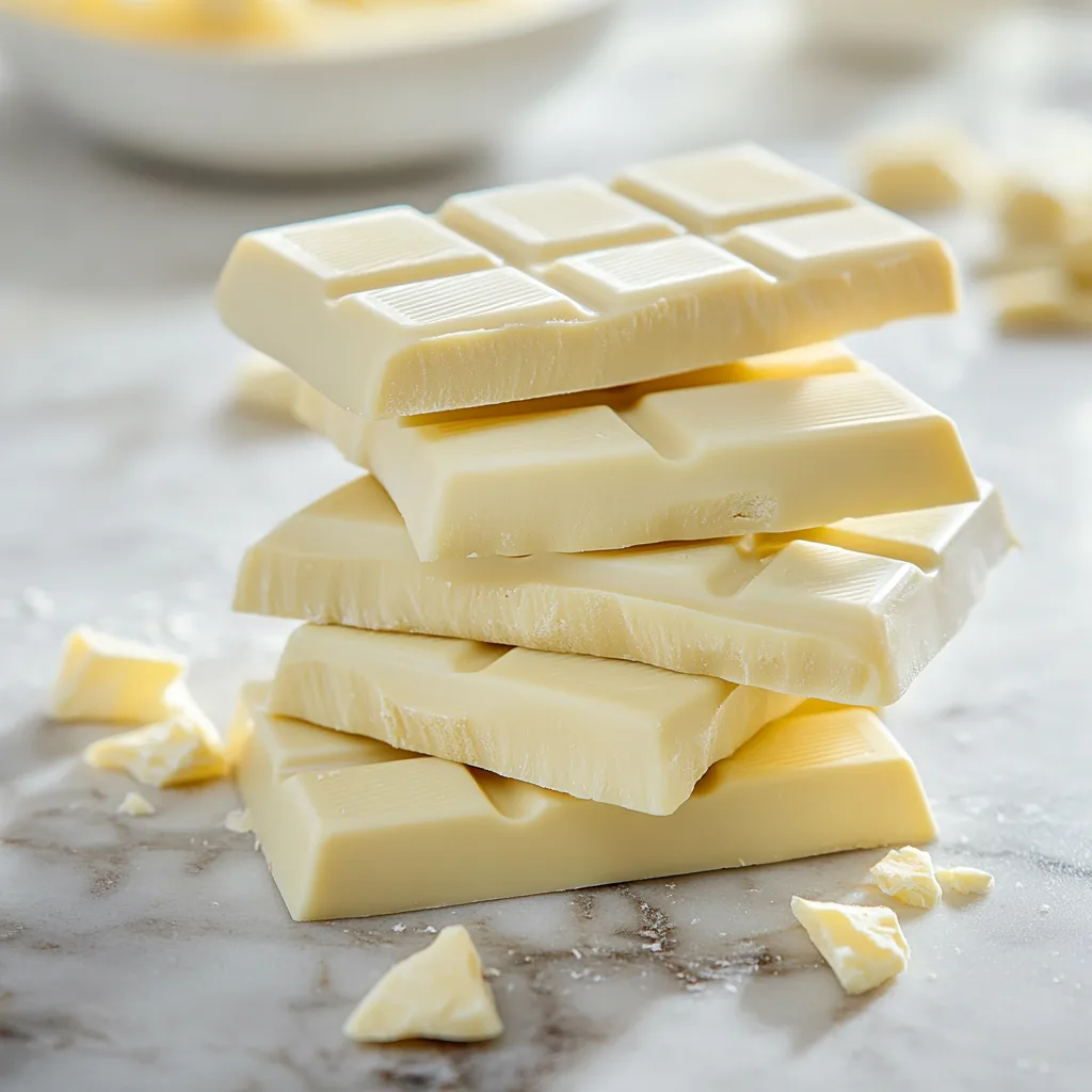 Close-up of premium white chocolate bars on a marble countertop with a creamy texture and subtle vanilla specks