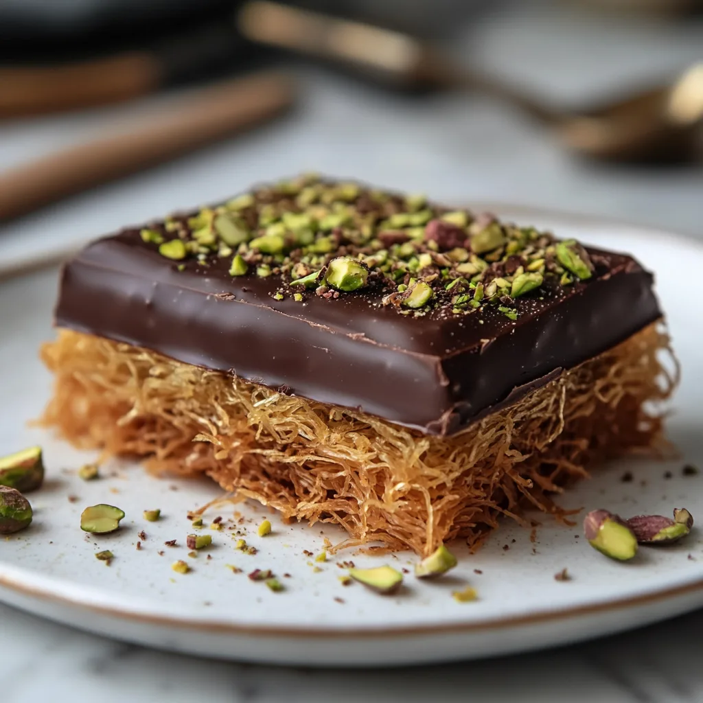 Close-up of a Dubai chocolate bar on a white plate, featuring dark Belgian chocolate, pistachios, and kataifi, with soft natural lighting