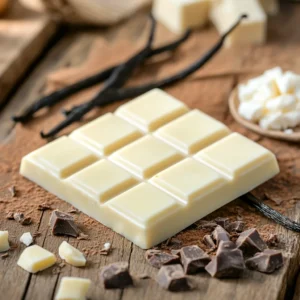 A close-up of a white chocolate bar surrounded by cocoa butter chunks, vanilla beans, and milk solids on a rustic wooden table