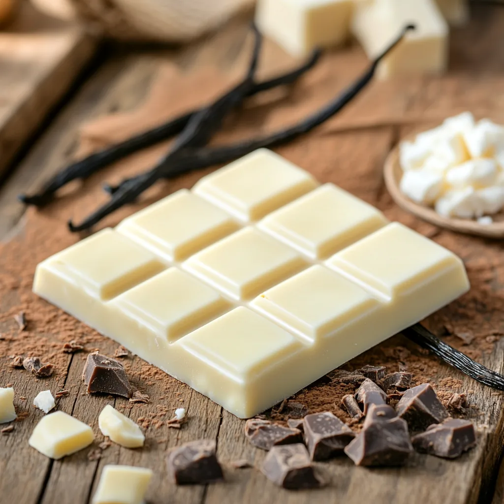 A close-up of a white chocolate bar surrounded by cocoa butter chunks, vanilla beans, and milk solids on a rustic wooden table