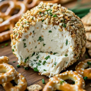 Close-up of a cheese ball sliced open to show creamy cheese and herbs, surrounded by pretzels and crackers.