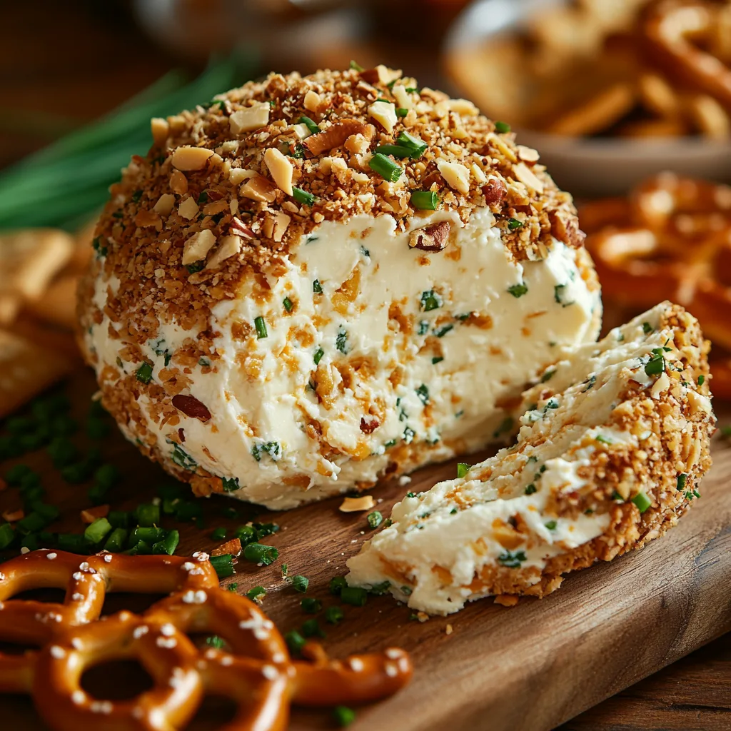 Close-up of a cheese ball sliced open to show creamy cheese and herbs, surrounded by pretzels and crackers.