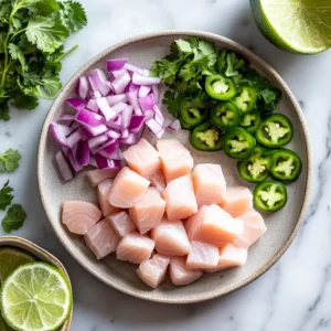 Close-up of ceviche ingredients: fish cubes, limes, red onions, cilantro, and jalapeños on a marble countertop