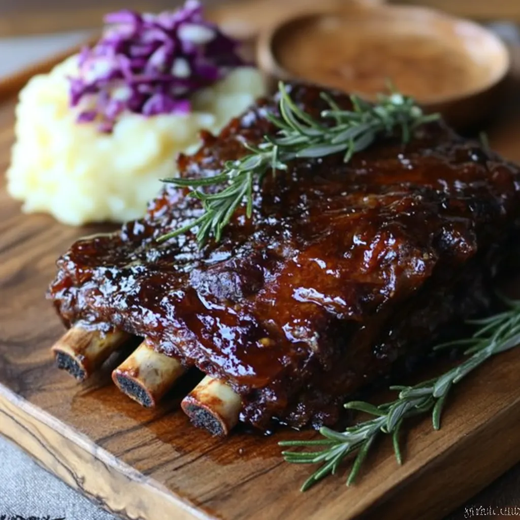 A close-up of tender, caramelized beef ribs on a rustic wooden board, paired with mashed potatoes, coleslaw, and fresh rosemary