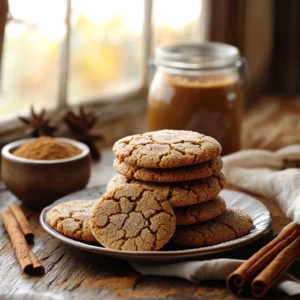 A plate of crackled molasses cookies on a rustic table surrounded by cinnamon sticks and brown sugar
