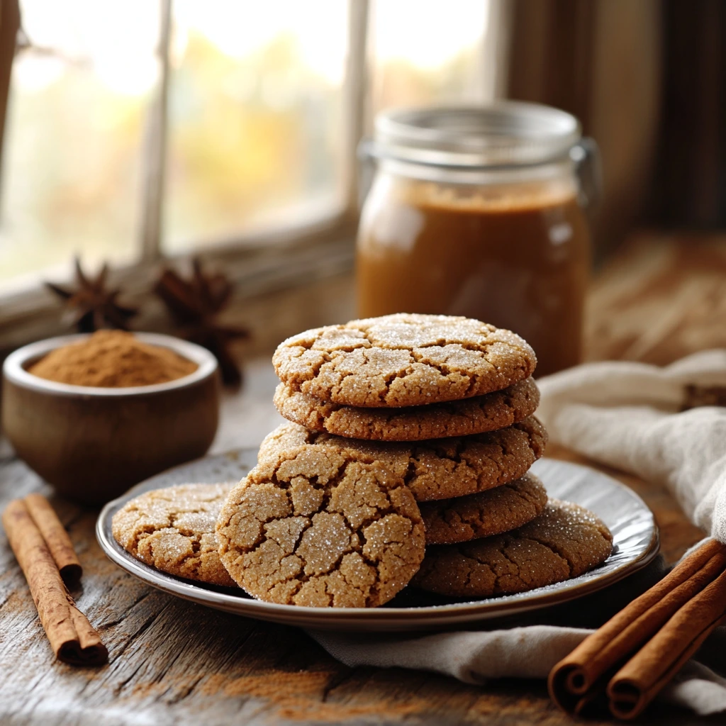 A plate of crackled molasses cookies on a rustic table surrounded by cinnamon sticks and brown sugar