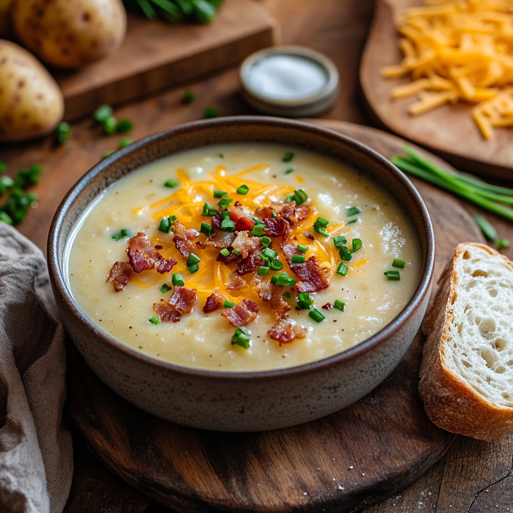Steaming bowl of creamy potato soup topped with bacon, cheese, and chives in a cozy kitchen setting