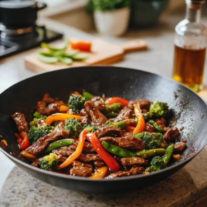 Wok filled with beef stir fry and colorful vegetables in a cozy kitchen setting with essential ingredients in the background