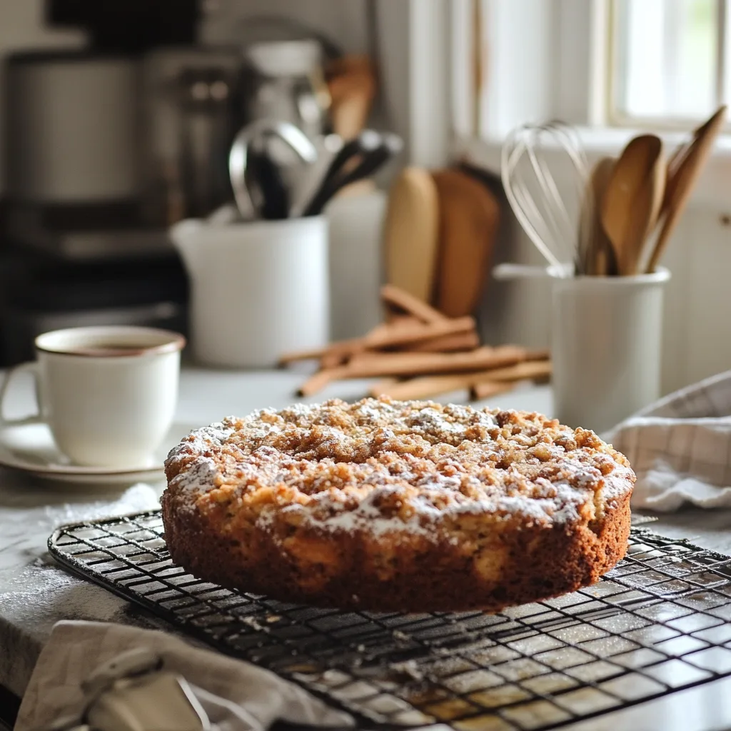 Freshly baked coffee cake with crumbly streusel topping on a cooling rack in a cozy kitchen with baking tools in the background.