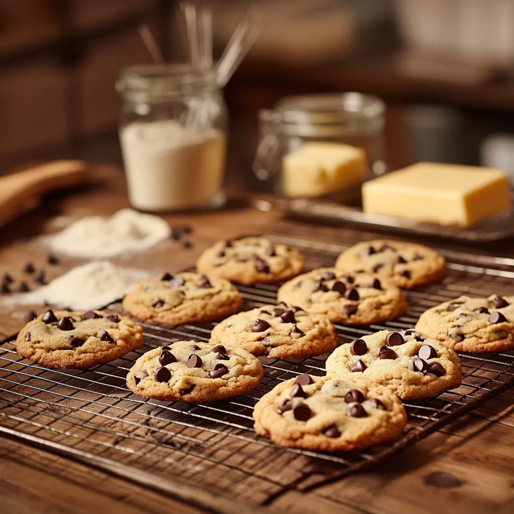 Freshly baked Toll House cookies cooling on a rustic wooden table with baking ingredients scattered around in a cozy kitchen.