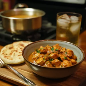 Casual serving of Chicken Tikka Masala with naan bread and iced tea in a cozy kitchen setting.