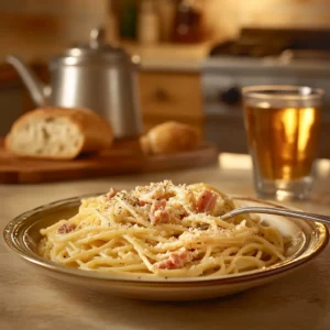 Casual serving of Spaghetti Carbonara with creamy sauce, guanciale, Pecorino Romano, and black pepper in a cozy kitchen setting