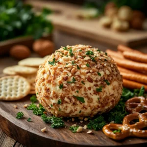 Golden-brown cheese ball rolled in nuts and parsley, surrounded by crackers and veggies on a rustic wooden platter