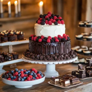 White chocolate mousse with berries and a dark chocolate ganache cake on a rustic dessert table