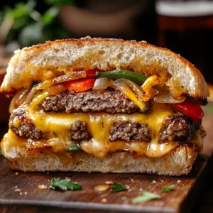 Close-up of a Cheesy Philly Burger cut in half, revealing layers of beef, melted cheese, and sautéed veggies on a wooden board
