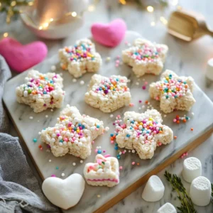 Festively shaped marshmallow Rice Krispie treats with sprinkles on a marble board