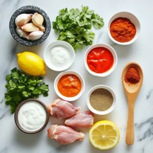 Flat lay of Chicken Tikka Masala ingredients: raw chicken, yogurt, tomato puree, cream, garlic, ginger, cilantro, and spices on a marble countertop