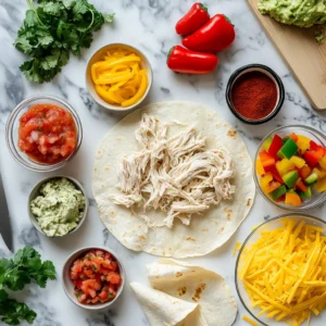 Flat lay of chicken quesadilla ingredients, including tortillas, shredded chicken, grated cheese, bell peppers, and spices, on a marble countertop.