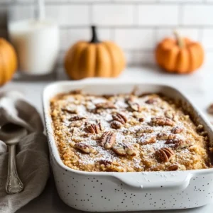 Freshly baked pumpkin dump cake in a matte white ceramic dish, topped with powdered sugar and candied pecans, in a modern kitchen setting.