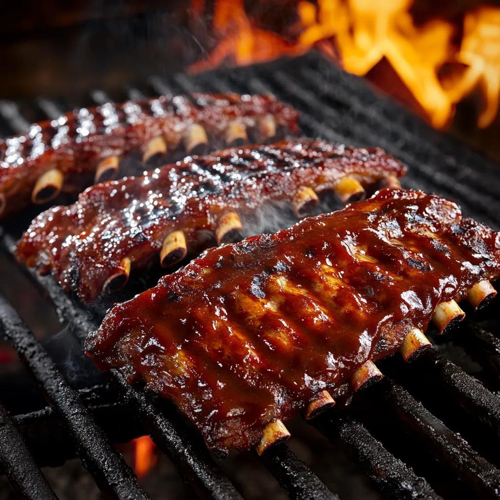 BBQ ribs glazed with caramelized barbecue sauce on a smoker, surrounded by smoke and glowing embers.