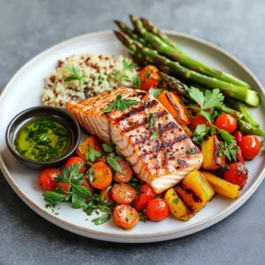 A balanced meal with grilled salmon, quinoa, and roasted vegetables on a plate, garnished with fresh herbs and served with olive oil dressing.