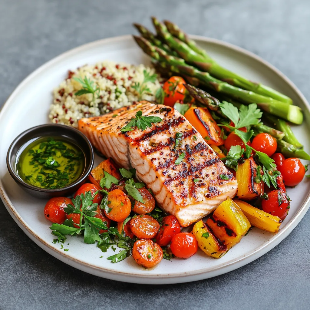 A balanced meal with grilled salmon, quinoa, and roasted vegetables on a plate, garnished with fresh herbs and served with olive oil dressing.