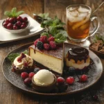 A dessert platter with cheesecake, vanilla ice cream, and molten lava cake, surrounded by cranberries, mint leaves, and iced tea on a rustic table.