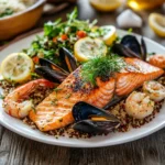 A healthy seafood dish featuring grilled salmon, steamed shrimp, and mussels, garnished with lemon slices and dill on a white ceramic plate.