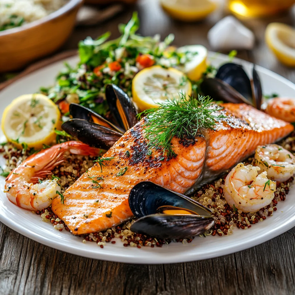 A healthy seafood dish featuring grilled salmon, steamed shrimp, and mussels, garnished with lemon slices and dill on a white ceramic plate.