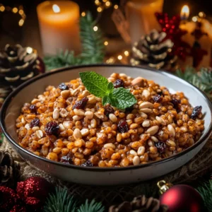 A festive bowl of Kutia with wheat berries, honey, poppy seeds, raisins, and nuts, garnished with mint, served on a Christmas-themed table.