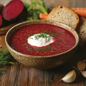 A bowl of vibrant red borscht (beetroot soup) with sour cream, garnished with dill, served with rustic rye bread on a wooden table surrounded by fresh ingredients