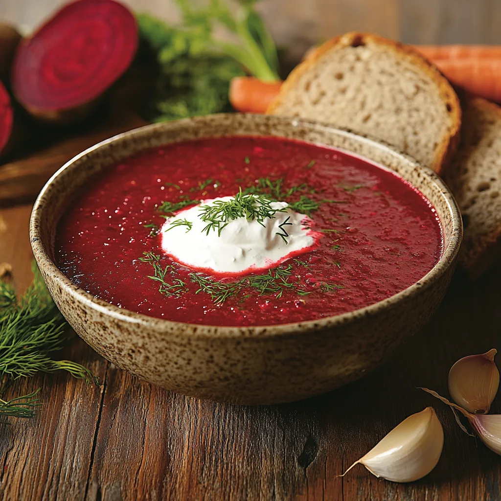 A bowl of vibrant red borscht (beetroot soup) with sour cream, garnished with dill, served with rustic rye bread on a wooden table surrounded by fresh ingredients