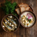 A dish featuring herring in oil garnished with dill and capers, and herring in sour cream sauce with onions and apples, served on a rustic table.