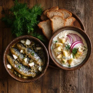 A dish featuring herring in oil garnished with dill and capers, and herring in sour cream sauce with onions and apples, served on a rustic table.