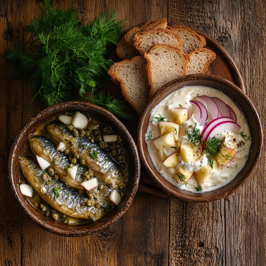 A dish featuring herring in oil garnished with dill and capers, and herring in sour cream sauce with onions and apples, served on a rustic table.
