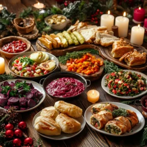 A festive table with 12 traditional dishes, including beetroot soup, cabbage rolls, grilled fish, roasted vegetables, lentil salad, and bread rolls.