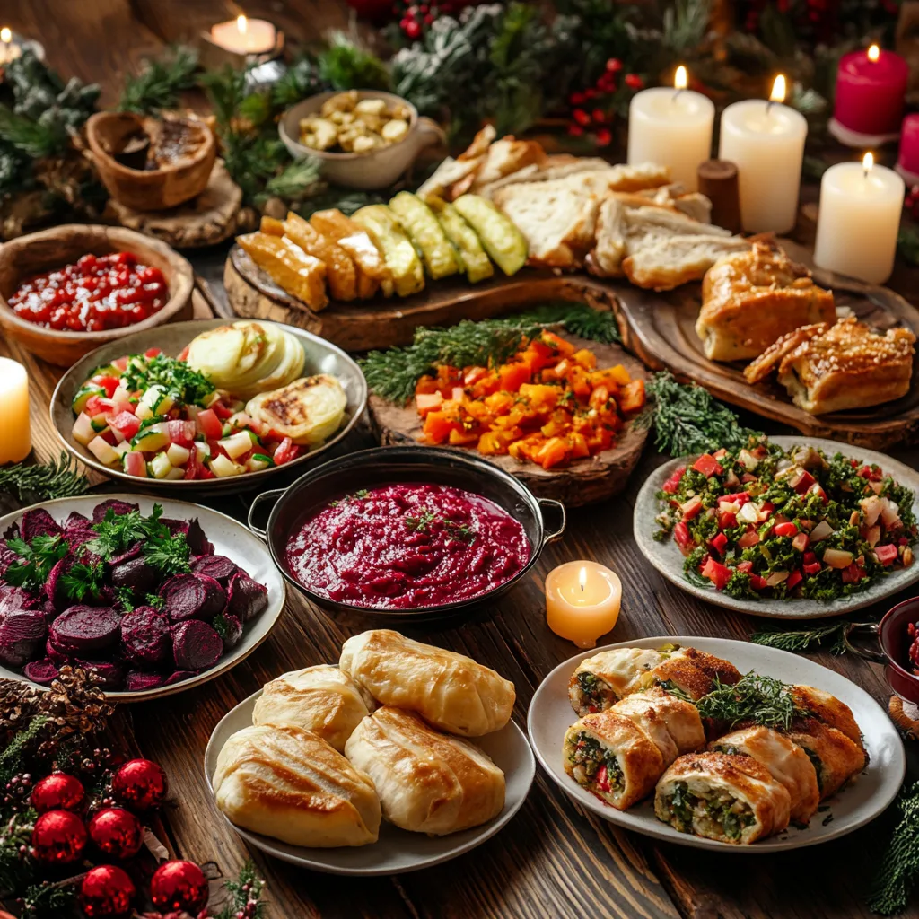 A festive table with 12 traditional dishes, including beetroot soup, cabbage rolls, grilled fish, roasted vegetables, lentil salad, and bread rolls.