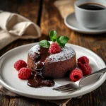 A molten lava cake with a gooey chocolate center, garnished with raspberries, mint, and chocolate sauce, served on a white plate with powdered sugar.