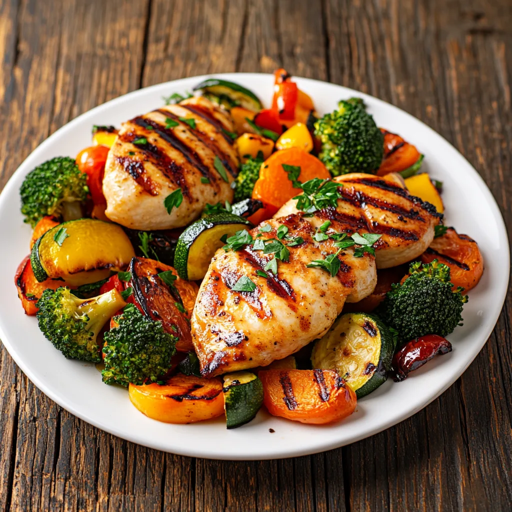 Grilled chicken with sear marks served with roasted vegetables, including broccoli, bell peppers, carrots, and zucchini, garnished with fresh parsley.