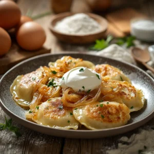 A plate of golden-brown pierogi with caramelized onions and sour cream, served on a rustic wooden table with flour, eggs, and potatoes nearby.
