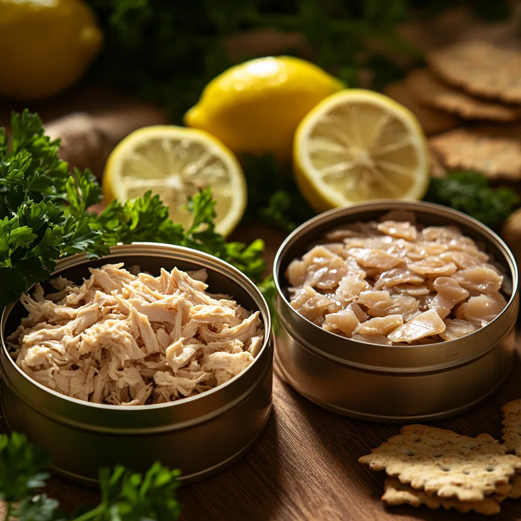 Side-by-side comparison of canned chicken and canned tuna on a wooden board with parsley, lemon slices, and crackers.