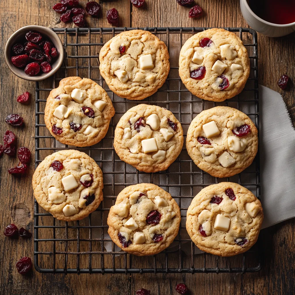 Freshly baked white chocolate cranberry cookies on a cooling rack with visible chunks of white chocolate and dried cranberries, set on a rustic wooden table.