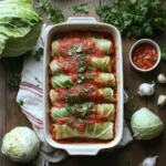 Freshly made cabbage rolls (Gołąbki) in a casserole dish with tomato sauce and parsley, surrounded by ingredients like cabbage, onions, and rice.