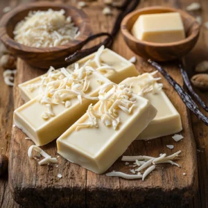 Homemade white chocolate bars with a smooth texture, garnished with chocolate curls, vanilla beans, and a bowl of cocoa butter on a rustic wooden surface
