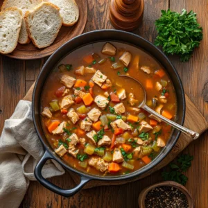 A large pot of turkey soup filled with turkey, carrots, and celery, surrounded by serving bowls, sliced bread, and fresh parsley on a wooden table.