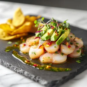 Scallop ceviche with avocado, chili flakes, and plantain chips served on a slate board