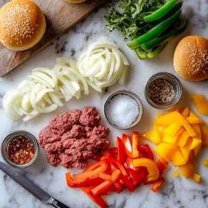 Essential ingredients for a Cheesy Philly Burger, including ground beef, cheese slices, burger buns, onions, and peppers, displayed on a marble countertop