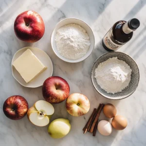 A flat lay of ingredients for cinnamon apple cake, including apples, flour, butter, cinnamon sticks, sugar, and vanilla extract on a marble countertop.