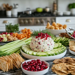 Cheese ball as a party centerpiece with crackers, celery sticks, and cucumbers, garnished with pomegranate seeds and dill